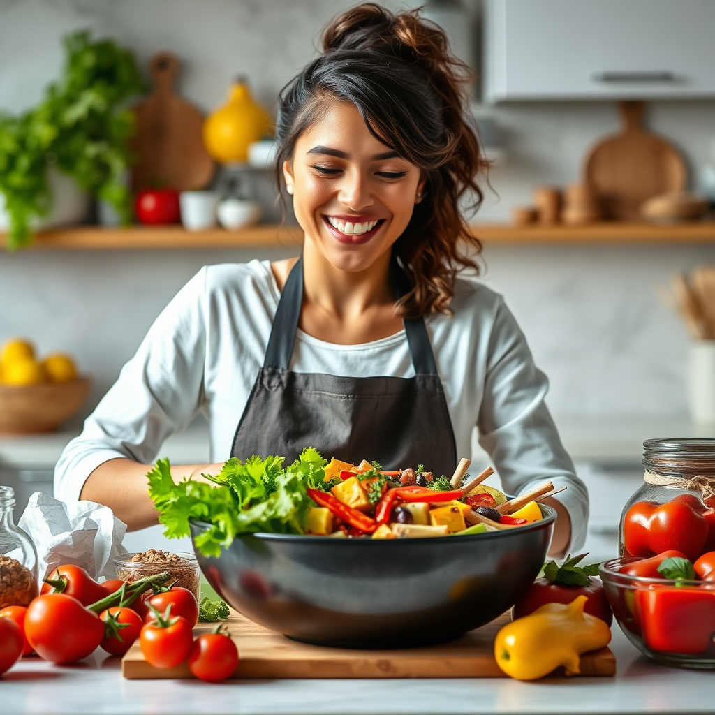 Create a stylized image featuring a person happily preparing a colorful and healthy meal. Ingredients should be fresh and vibrant. The background should suggest a clean, modern kitchen. The overall feel should be inviting and approachable. Technical Specs: 4k, High quality, vibrant colors.