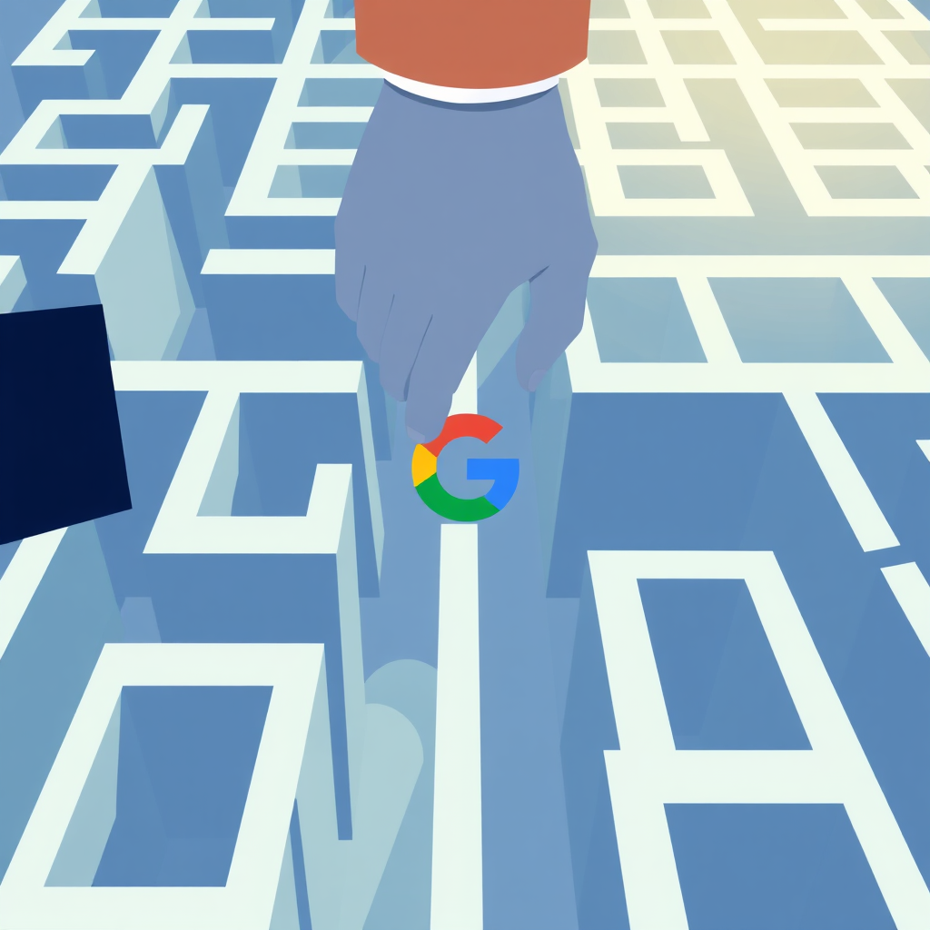 Create a stylized image of a hand guiding another hand through a maze, with the Google logo subtly incorporated into the maze's design. The style should be clean and modern, with a focus on clarity and simplicity. The lighting should be bright and inviting, creating a sense of trust and support. Use a limited color palette of blues, greens, and whites to convey professionalism and competence. The camera angle should be a top-down view, emphasizing the path through the maze and the guiding hand. The overall feel should be reassuring and empowering, demonstrating the value of mentorship.