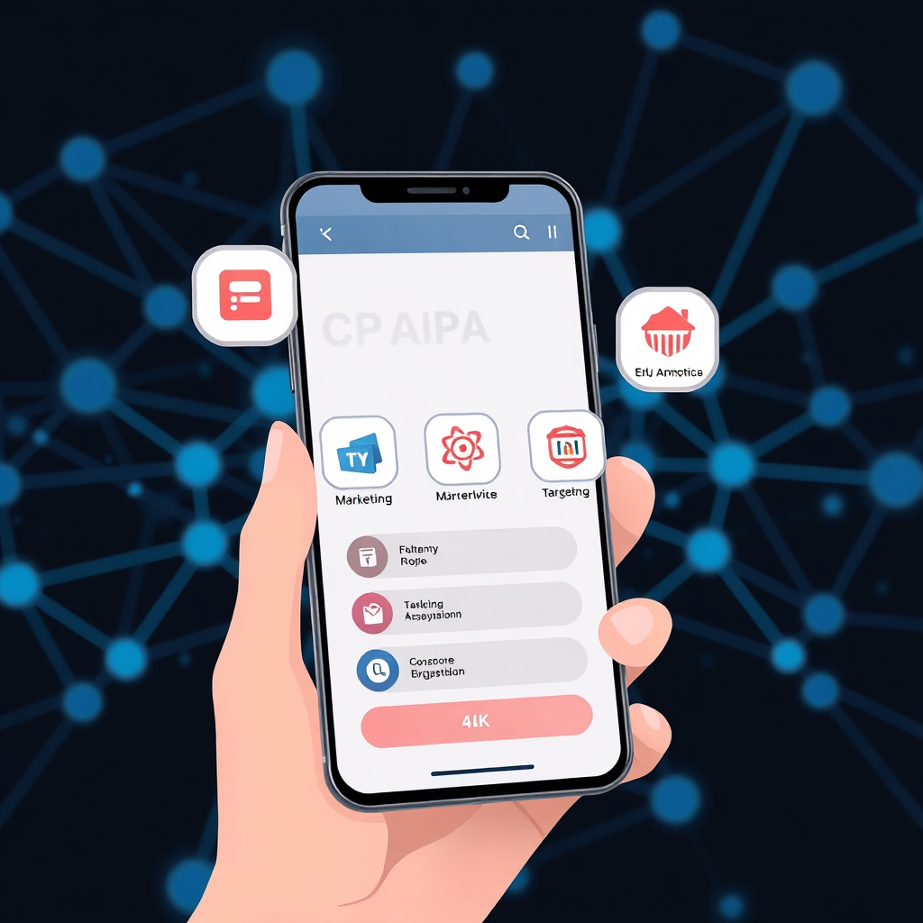Create a stylized image of a smartphone setting up a CPA campaign, with icons representing different marketing platforms and targeting options. The background should be a network of interconnected nodes, symbolizing data and analytics. Style: technical and efficient. Technical specs: 4K resolution, high quality.