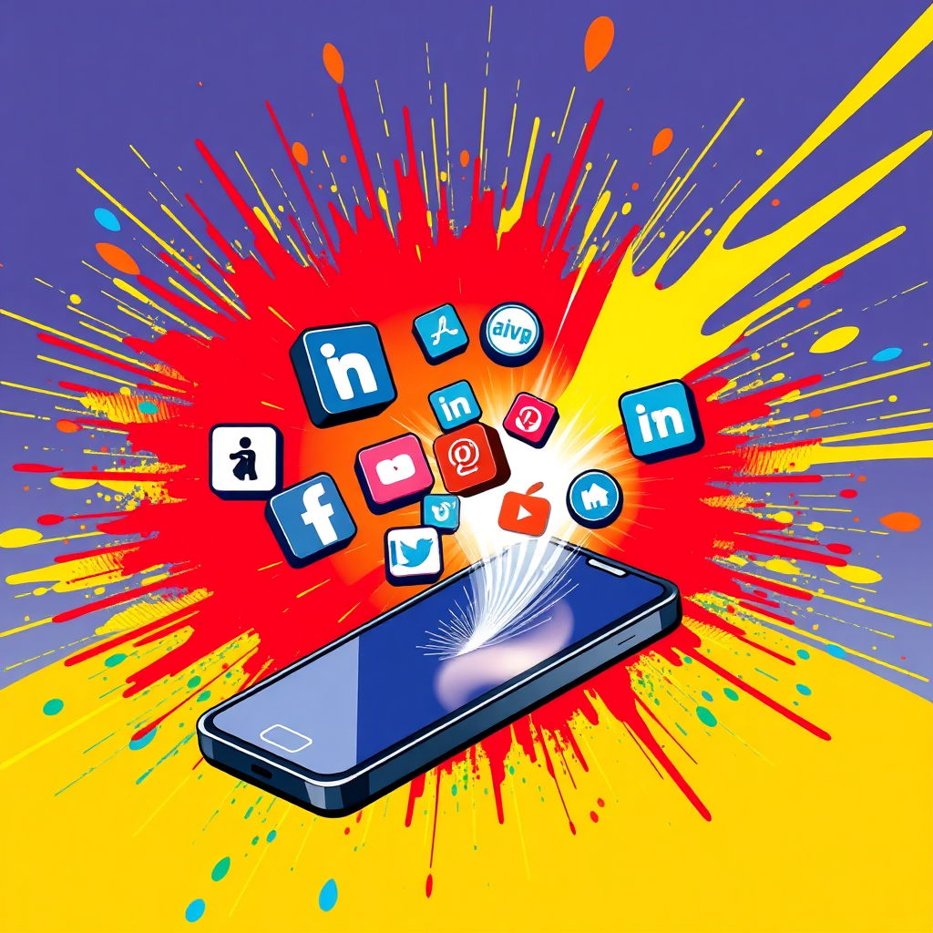 Create a stylized image of a smartphone emitting a wave of energy, impacting various icons representing social media platforms and mobile apps. The background is a vibrant explosion of colors, symbolizing the dynamic nature of mobile marketing. Style: Pop art, bold and energetic. Technical specs: 4K resolution, high quality.