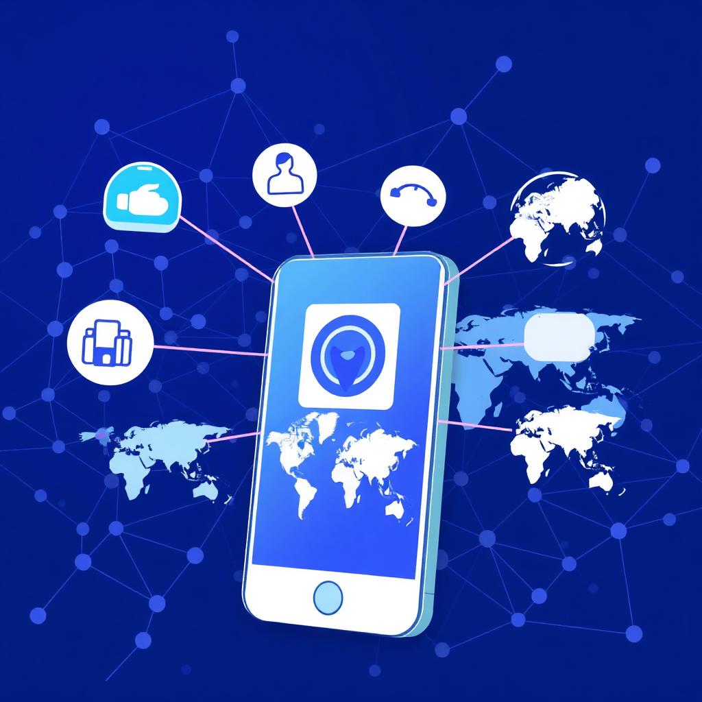  Create a stylized image of a smartphone displaying targeting icons (demographics, interests, location). These icons emanate outwards, connecting to various global regions represented by simplified maps. The background is a network of interconnected nodes, symbolizing data and analytics. Color palette: blues and purples, suggesting intelligence and precision. Style: infographic, clean and modern. Technical specs: 4K resolution, high quality.