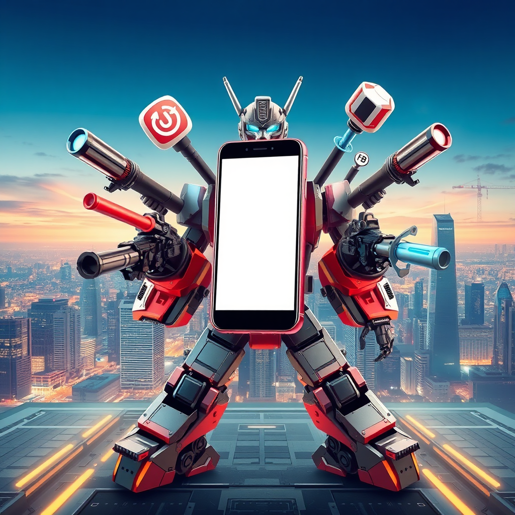 Create a stylized image of a smartphone transforming into a powerful robot with marketing tools as weapons. The background is a futuristic cityscape, symbolizing innovation and technological advancement. Style: futuristic and dynamic. Technical specs: 4K resolution, high quality.