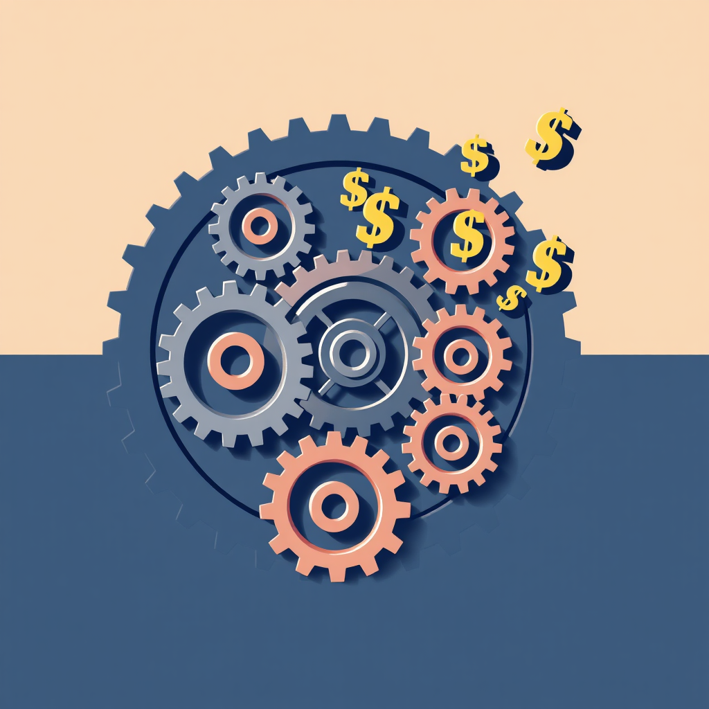 Create a stylized image of gears turning automatically, with dollar signs flowing out of the machine. The background should be a clean, minimalist color. Technical Specs: 4K resolution.