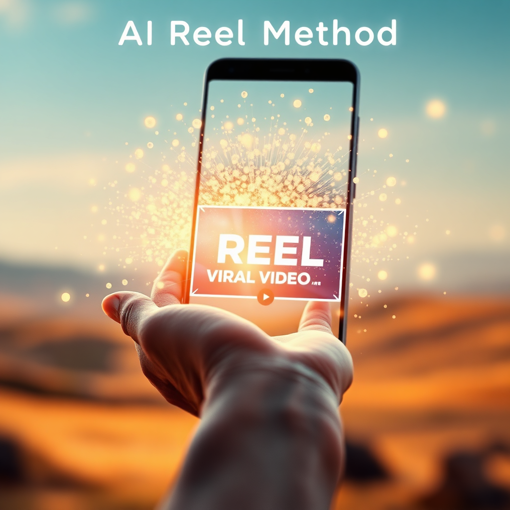 Create a stylized image representing the AI Reel Method. The scene depicts a human hand gently guiding a swarm of glowing particles, which coalesce into a viral video reel on a smartphone screen. The background is a softly blurred landscape with subtle hints of data streams. Lighting should be warm and inviting, with a gentle glow emanating from the particles and the screen. The color palette should be a blend of pastel blues, greens, and oranges, with highlights of gold. The camera angle should be a medium shot, focusing on the interaction between the hand and the particles. Texture details should be smooth and ethereal, with soft gradients and subtle highlights. The overall style should be inspiring and empowering. 4K resolution, high quality rendering.
