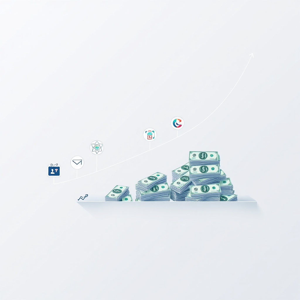 Create a stylized image representing simplicity in income generation. Visualize a single, unbroken line connecting a collection of free tools icons to a steadily growing pile of dollar bills. The background should be a clean, minimalist gradient. The style should be modern and geometric. Technical Specs: 4K resolution.