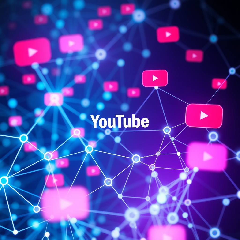 Create a stylized image representing data-driven YouTube strategies. The subject is a complex network of interconnected nodes representing YouTube channels and viewers. AI neural network visualizations flow through the network, symbolizing data analysis and optimization. The composition should be complex and interconnected, with a focus on data flow and analysis. Lighting is bright and clear, creating a sense of precision and accuracy. The color palette includes blues, greens, and purples, evoking a sense of technology and data science. Style: Minimalist and professional. Technical specs: 4K resolution, high quality.