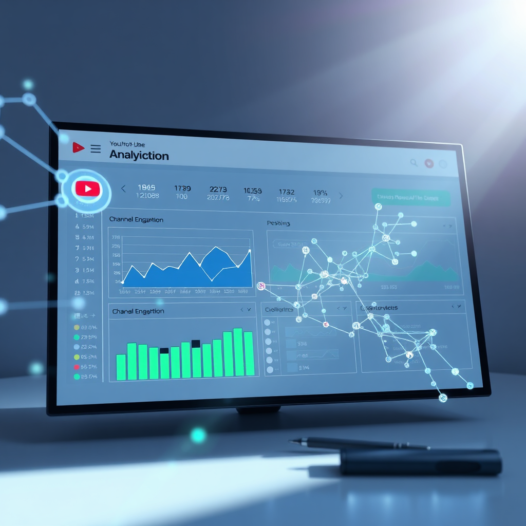 Create a stylized image representing YouTube channel optimization. The subject is a YouTube channel analytics dashboard with various graphs and charts showing growth and engagement. AI neural network visualizations overlay the dashboard, symbolizing AI-powered optimization. The composition should be clean and professional, with a focus on data analysis and improvement. Lighting is bright and clear, creating a sense of precision and accuracy. The color palette includes blues, greens, and whites, evoking a sense of technology and data science. Style: Minimalist and professional. Technical specs: 4K resolution, high quality.