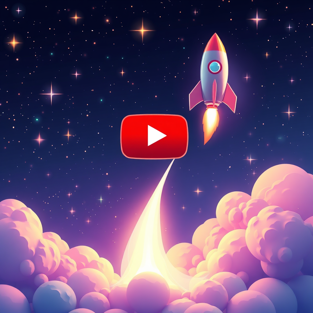 Create a stylized image representing accelerated YouTube growth. The subject is a rocket ship launching from a YouTube play button, soaring upwards through a star-filled sky. AI neural network visualizations surround the rocket, symbolizing AI-powered acceleration. The composition should be dynamic and energetic, with a focus on upward momentum. Lighting is bright and vibrant, creating a sense of excitement and potential. The color palette includes blues, purples, and oranges, evoking a sense of space and exploration. Style: Futuristic and aspirational. Technical specs: 4K resolution, high quality.
