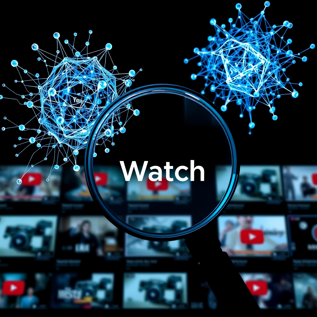 Create a stylized image representing the 'Watch' phase of the AI Tube FastTrack system. The subject is a magnifying glass hovering over a collection of YouTube video thumbnails. AI neural network visualizations radiate from the magnifying glass, symbolizing AI-powered analysis. The composition should be focused and analytical, with a focus on detail and insight. Lighting is bright and clear, creating a sense of precision and accuracy. The color palette includes blues, greens, and whites, evoking a sense of technology and data analysis. Style: Minimalist and professional. Technical specs: 4K resolution, high quality.