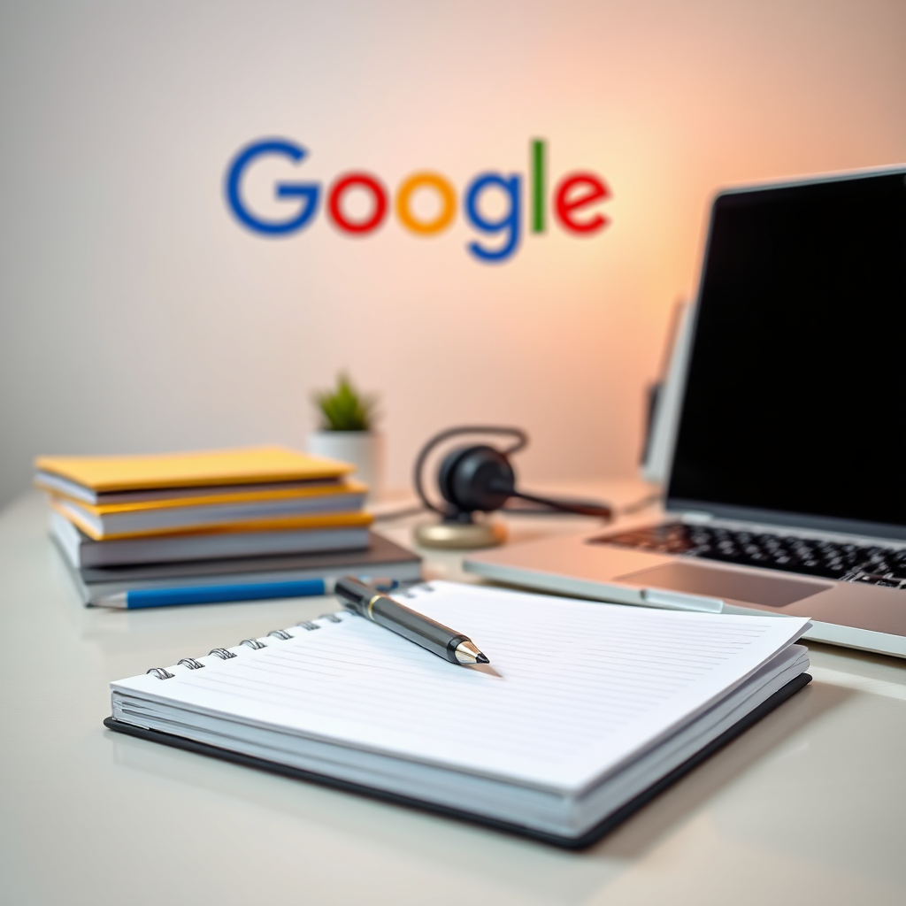 Create a visually appealing image of a neatly organized set of coaching materials (notebook, pen, laptop, headset), arranged on a clean desk with a Google logo-themed backdrop. The lighting should be warm and inviting, creating a sense of comfort and productivity. The camera angle should be a medium shot, capturing the entire setup and the neat arrangement of the materials. The overall style should be professional and approachable, showcasing the quality and completeness of the coaching system. Consider adding subtle visual cues of organization and efficiency, such as color-coded folders or a well-structured calendar.