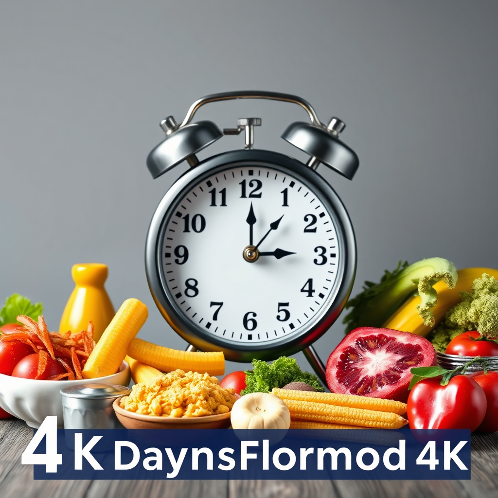 Create an image of a clock with weights and healthy food surrounding it, symbolizing the 21-day transformation process. Use vibrant colors and a clean design. 4k resolution.