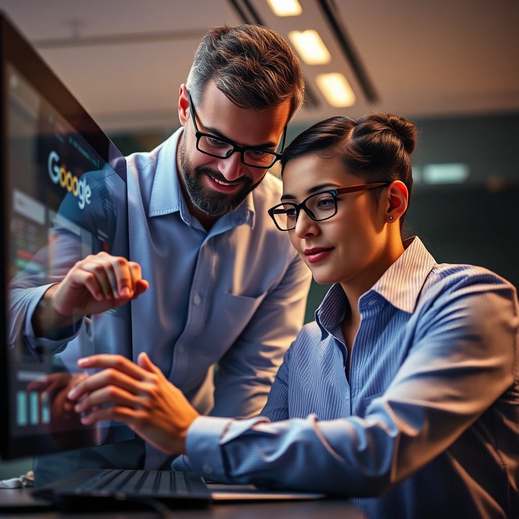 Create a photorealistic image of a group of people sitting around a table, working on laptops and collaborating on a project related to Google. The lighting should be bright and collaborative, emphasizing the supportive environment of the coaching program.