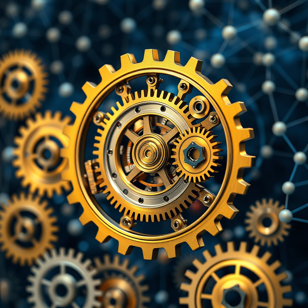 Create an image of intricate clockwork gears, each powered by small AI chips. The gears should be spinning seamlessly, representing automated business processes. The background should be a network of interconnected nodes, symbolizing the flow of data. The color palette should consist of gold, silver, and deep blue. Lighting should be focused and precise. Technical specs: 4K resolution, high quality.