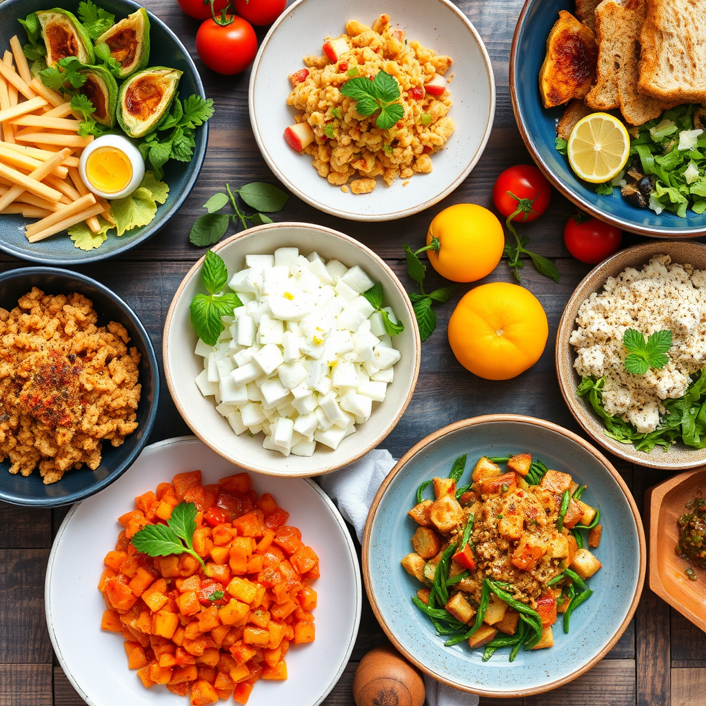 Create an image showcasing a variety of colorful and healthy meals, emphasizing the deliciousness and nutritional value. Use vibrant colors and appetizing food photography. 4k Resolution.