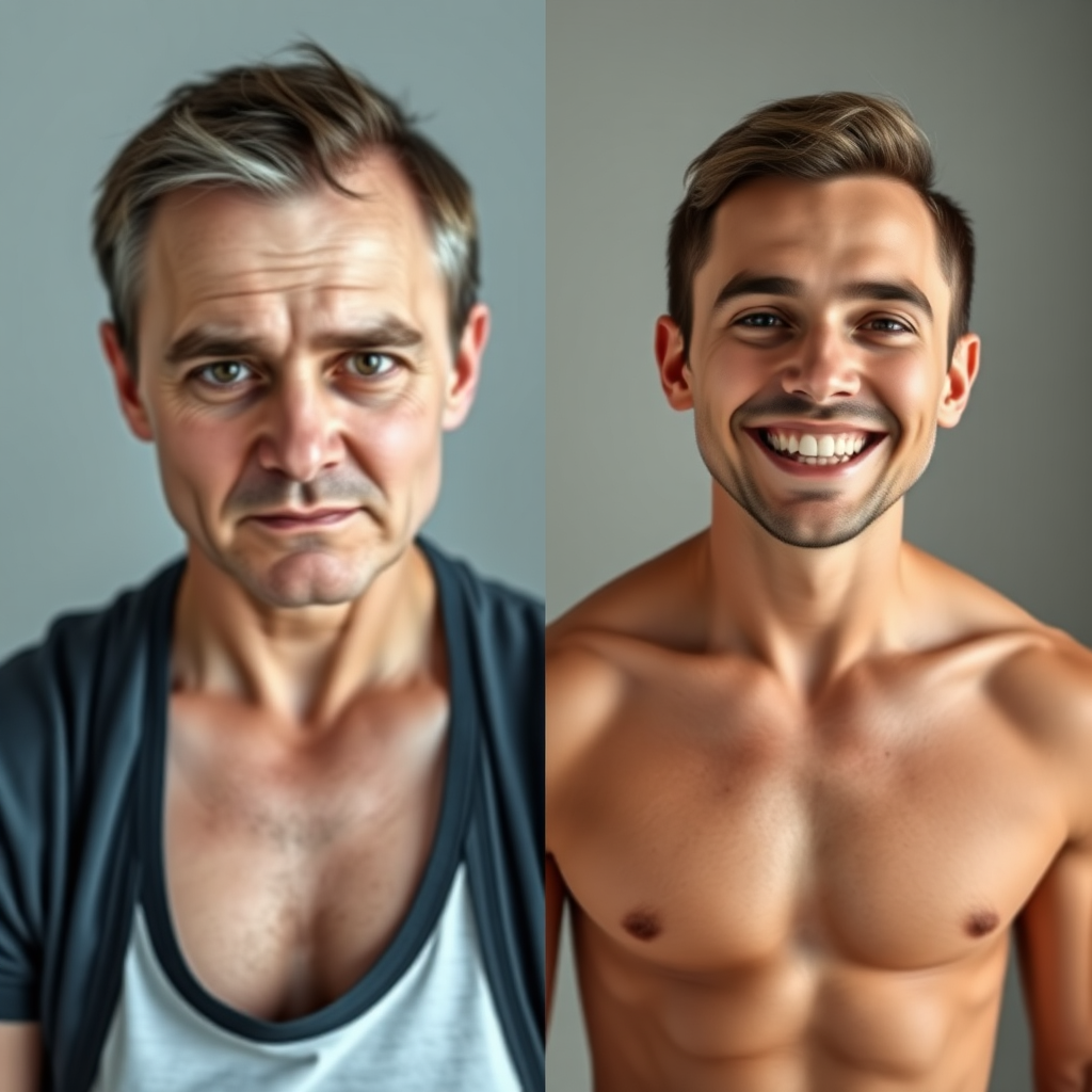 Create an image showing a split screen. On one side, a 'before' photo of someone looking unhappy and out of shape. On the other side, an 'after' photo of the same person, now visibly fitter, smiling, and full of energy. Emphasize the contrast with lighting and posture. Technical specs: 4k, photorealistic.