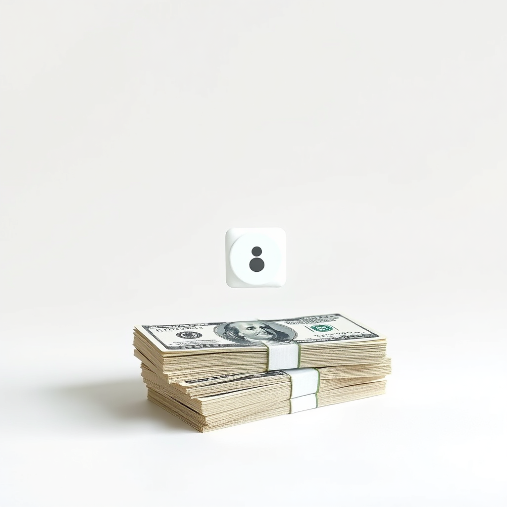 Design a minimalist image featuring a simple product icon transforming into a stack of money. The background should be a clean, white canvas. Use colors associated with wealth and simplicity. Lighting should be soft and inviting.