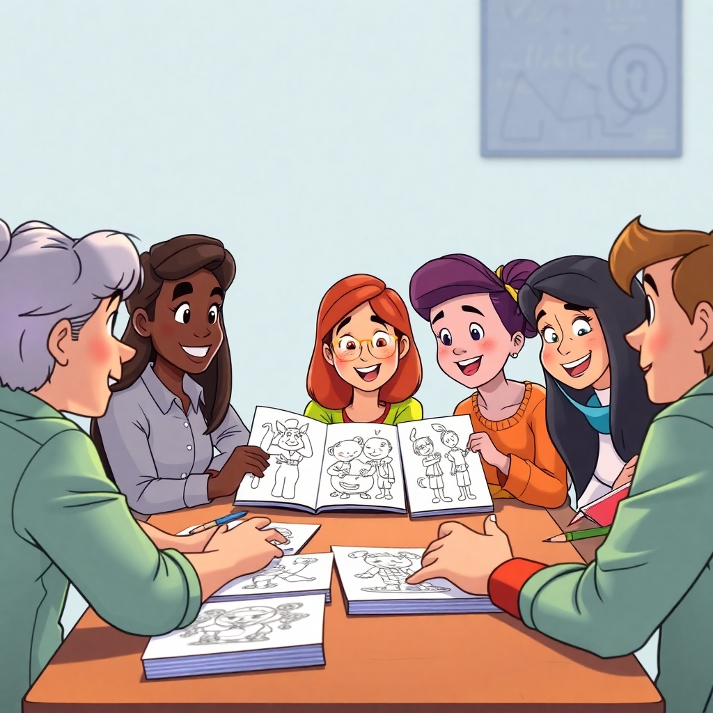 A photorealistic image depicting a focus group session with diverse participants providing feedback on various coloring book designs and concepts. The lighting should be even and bright, capturing participants' expressions. High-quality image, 4K resolution. Style: Professional market research setting.