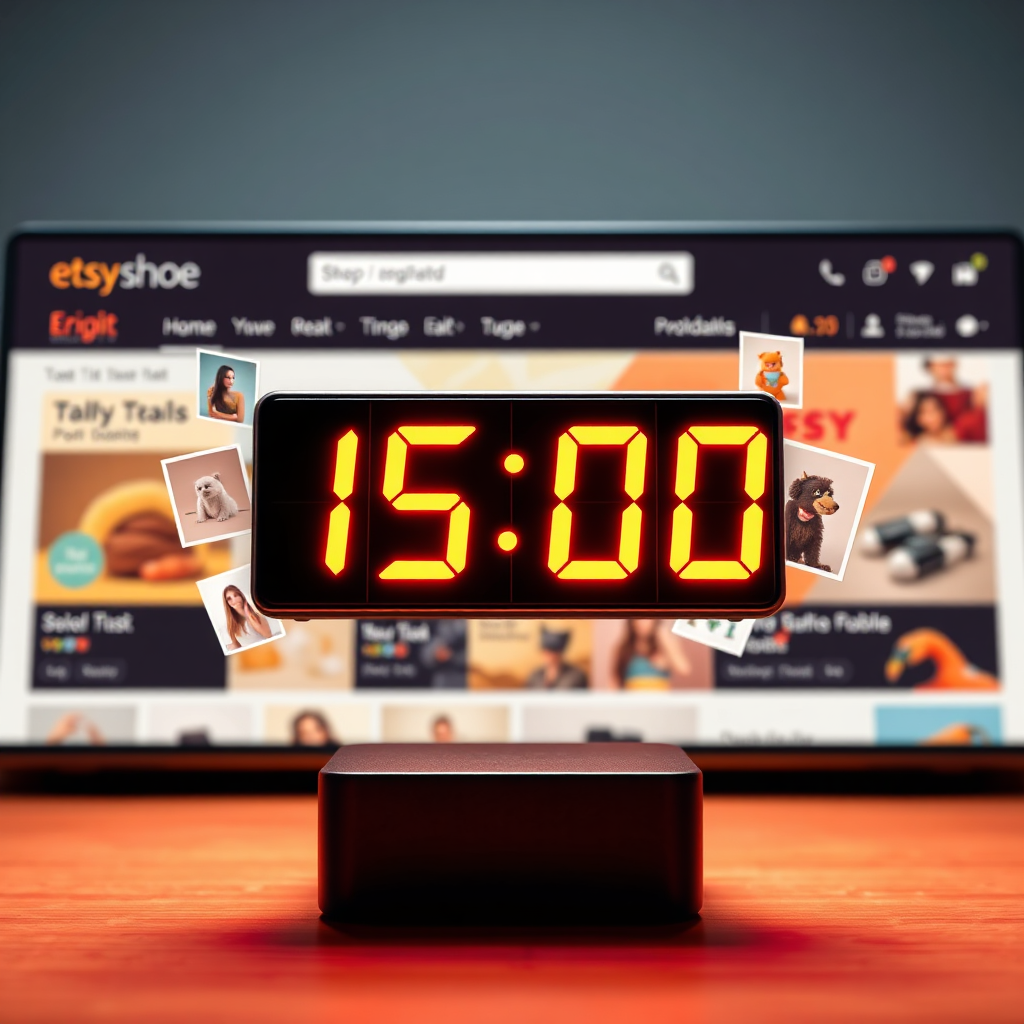 Generate a photorealistic image showcasing a timer displaying '15:00' with digital product mockups appearing around it. The background should be a stylized Etsy shop interface. Use bright and energetic colors. Lighting should be dramatic, highlighting the timer. Capture the feeling of speed and efficiency.