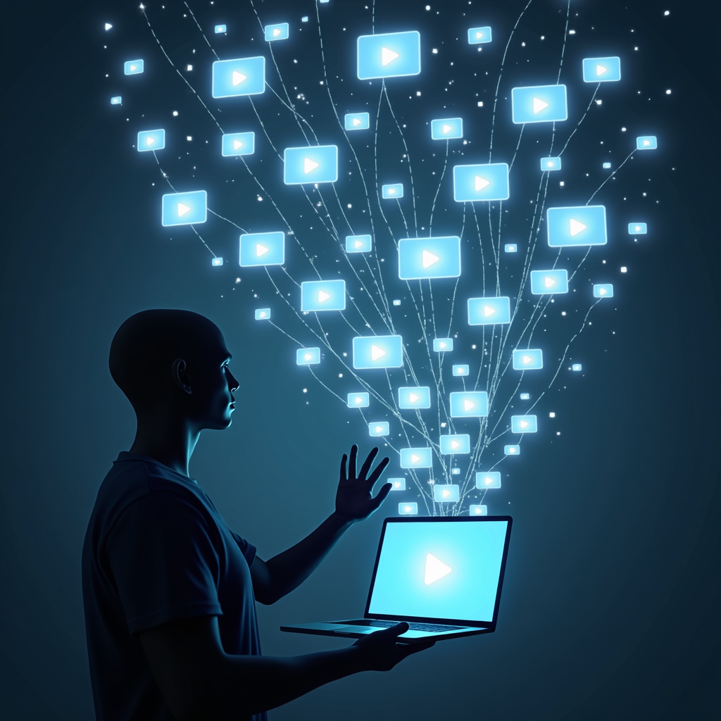 A dynamic visualization of a video progress bar extending infinitely, filled with vibrant, pulsating energy. The background is a blurred, abstract representation of a digital landscape. Technical specs: 4K resolution, high quality, volumetric lighting.