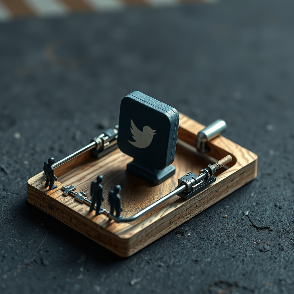 Imagine a mousetrap baited with a social media icon. A group of small figures (representing entrepreneurs) are cautiously approaching the trap. The overall scene conveys a sense of danger and risk. Use a dark, muted color palette to create tension. Style: Cautionary and realistic. Technical Specs: 4K resolution, sharp focus.