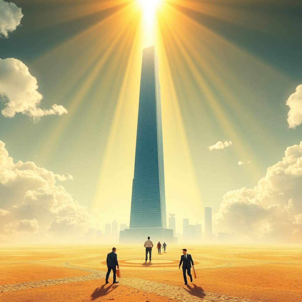 Imagine a vast, open digital landscape, with a single, towering, modern skyscraper at its center. The skyscraper represents a successful, independent business. Rays of golden light emanate from the skyscraper, illuminating the surrounding landscape. Tiny figures, representing entrepreneurs, are shown venturing out from behind the shadows of large, generic platform icons towards the light. The overall composition symbolizes freedom, control, and prosperity gained by escaping platform dependency. Use a warm color palette of gold, blues, and greens to convey trust and opportunity. Capture from a low angle, emphasizing the height and strength of the independent business. Add subtle textures of glass, steel, and natural elements to create realism. In 8K resolution, hyperrealistic detail.