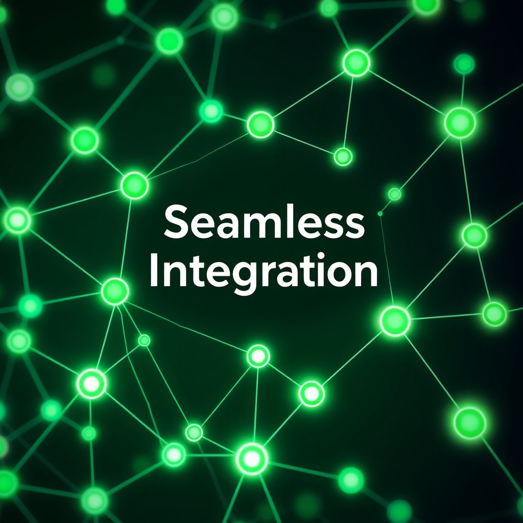 Show a network of interconnected nodes representing different no-code modules. The nodes glow and link together easily, with the words 'Seamless Integration' prominently displayed. Color palette: greens and blues, emphasizing connectivity. Focus: ease-of-use. Technical Specs: 4k, stylized.
