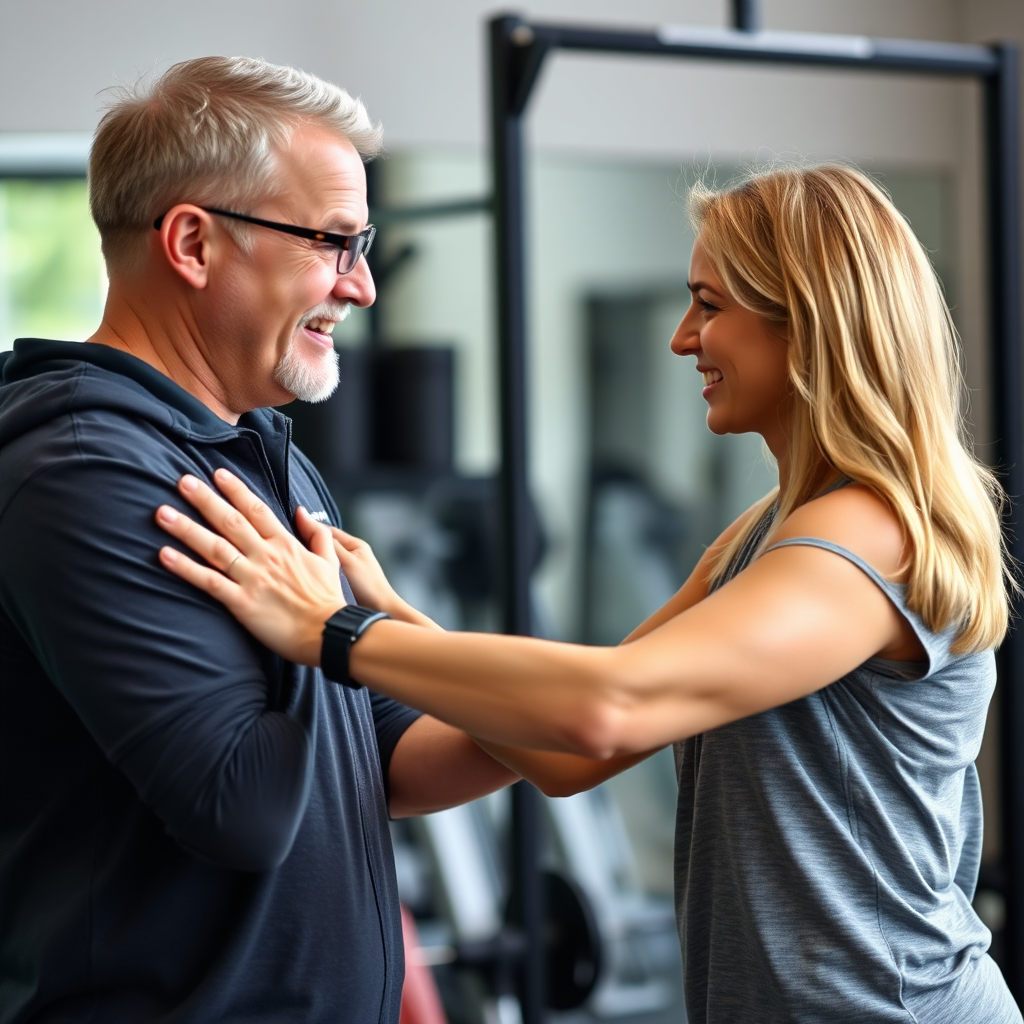 Visualize a coach guiding a client through a workout session, providing support and encouragement. Emphasize the personal connection and guidance. Technical specs: 4k, photorealistic, focus on positive interaction.