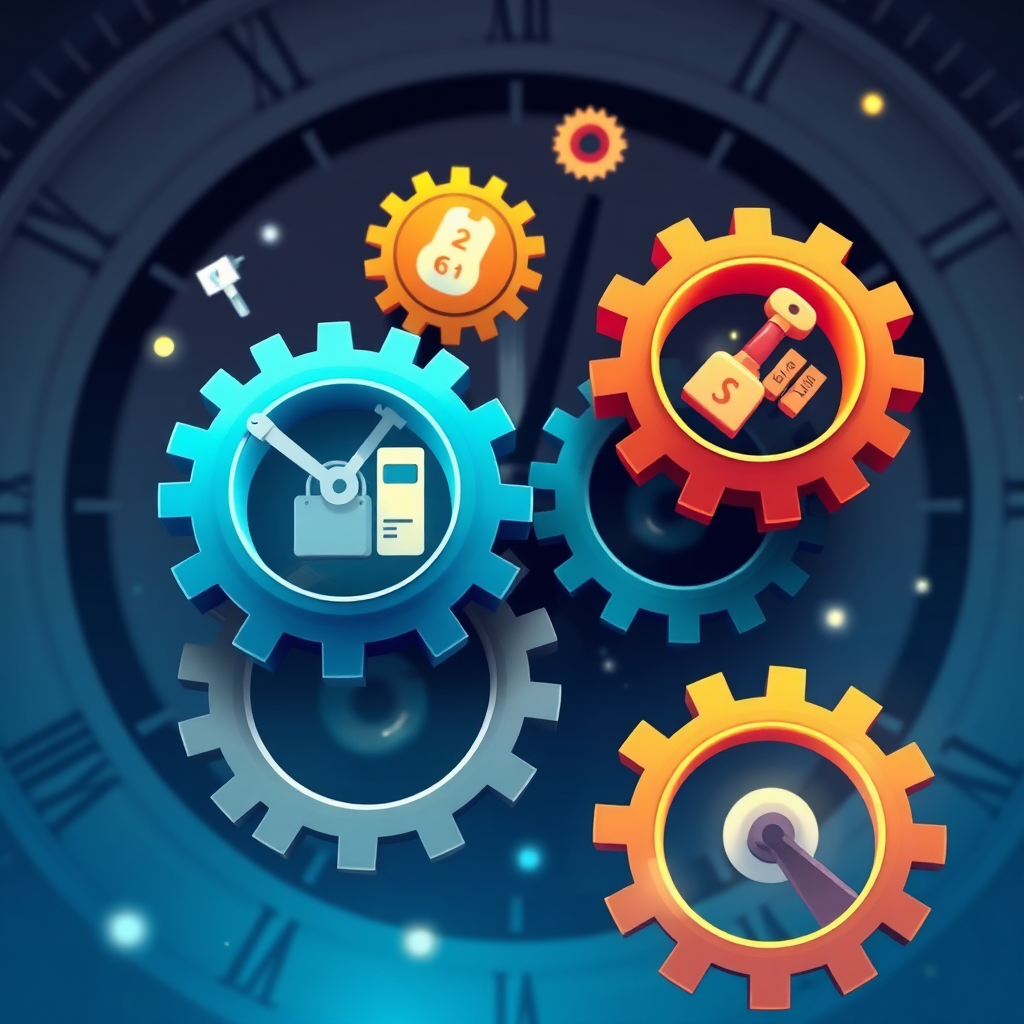 Visualize a digital illustration of gears turning rapidly with tools and product icons within them. The background symbolizes a clock. Use a dynamic and colorful palette.