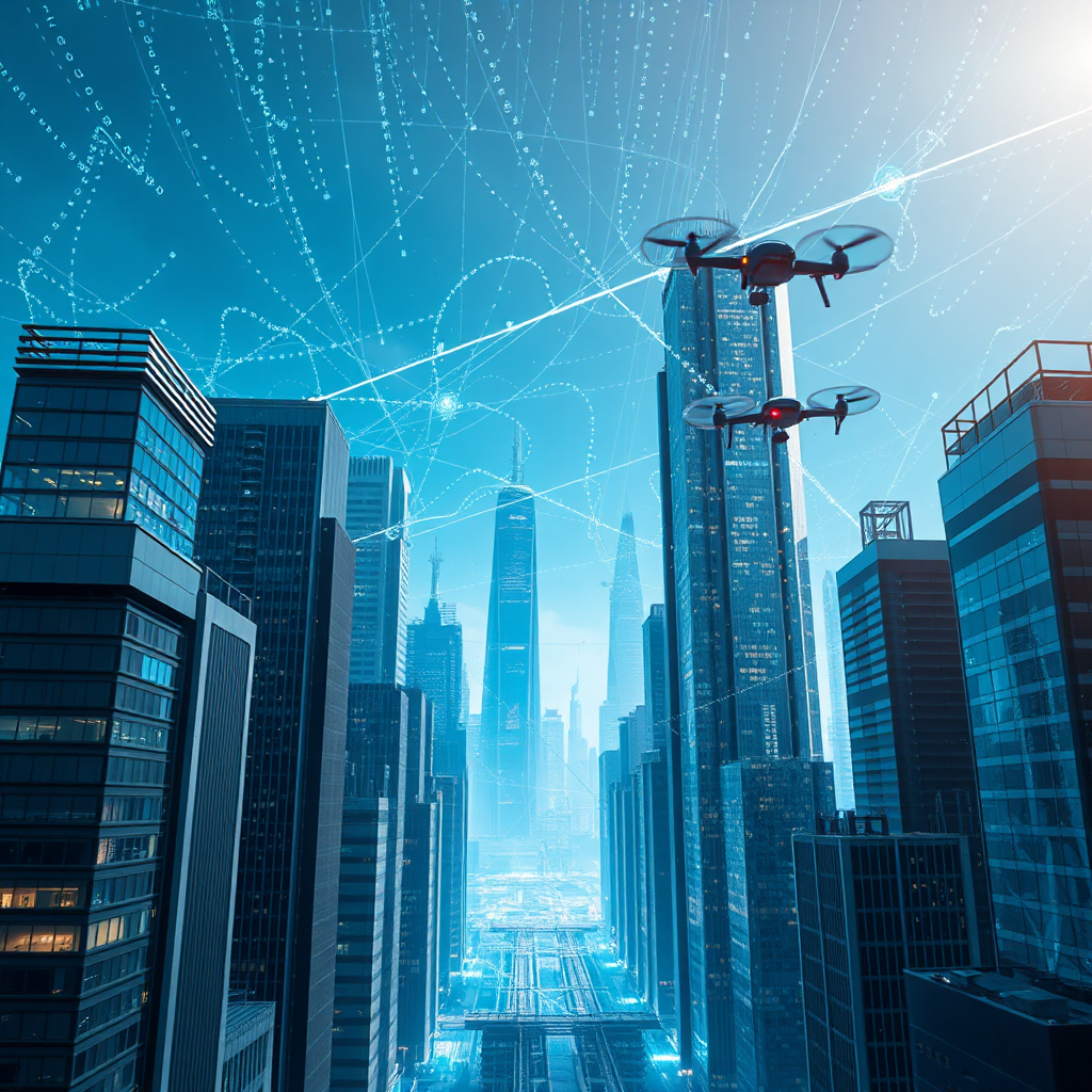 Visualize a futuristic cityscape where buildings are rapidly constructing themselves using AI-controlled drones. The buildings should have a sleek, modern design, representing SaaS applications. The sky should be filled with glowing lines of code being woven into the structures. The color palette should be predominantly blue and silver, conveying technological advancement. Lighting should be bright and optimistic. Technical specs: 4K resolution, high quality.