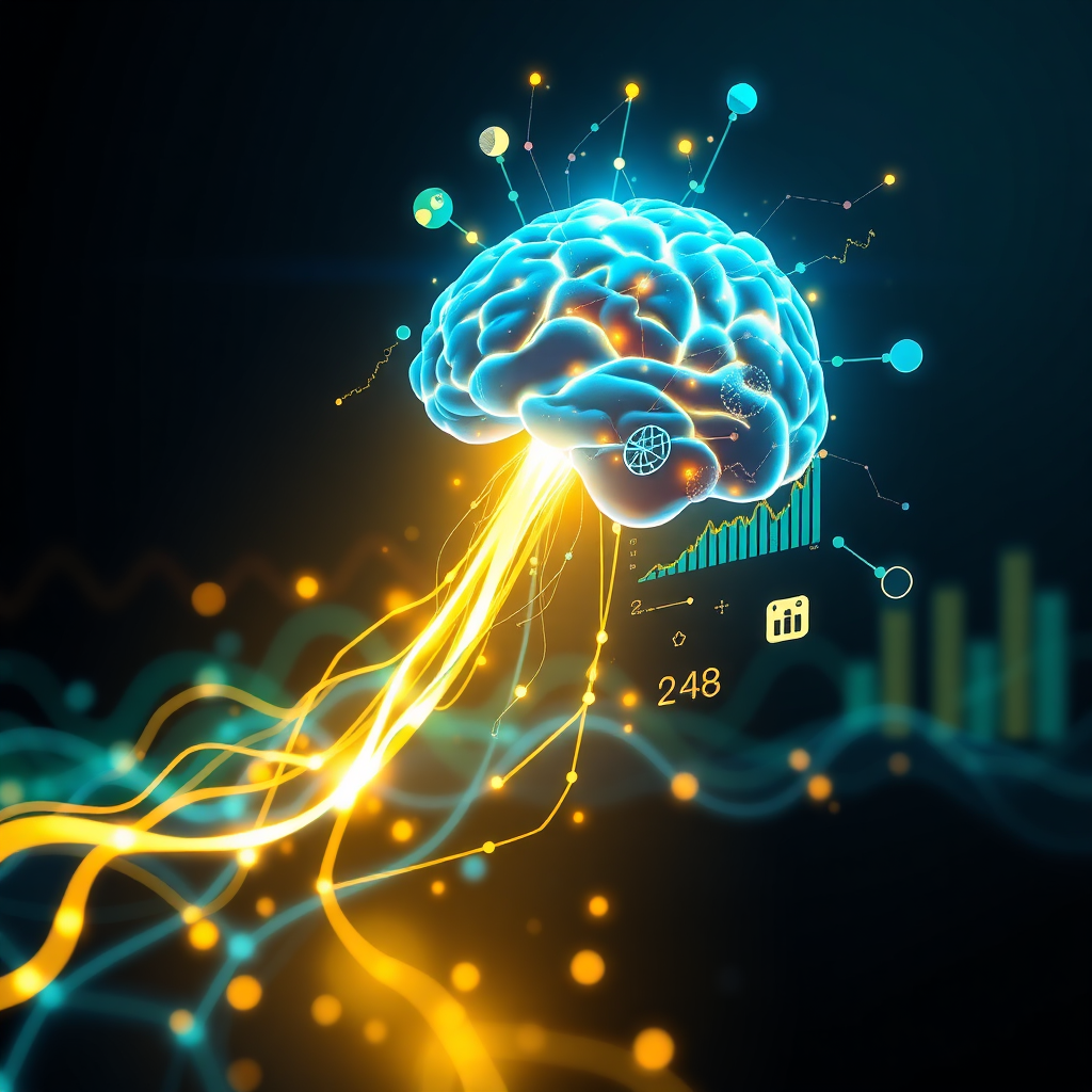 Visualize a glowing data stream flowing into a stylized brain, which then illuminates with insights. The brain should be connected to various business charts and graphs. The color palette should be bright and vibrant, with blues, greens, and yellows dominating. Lighting should be dynamic and energetic. Technical specs: 4K resolution, high quality.