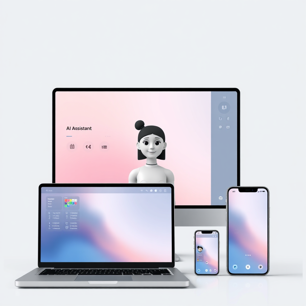 Visualize a sleek and modern user interface dynamically adapting to different devices, such as laptops, tablets, and smartphones. A friendly AI assistant avatar guides the user through the interface. The color palette should be clean and minimalist, with soft blues and whites. Technical specs: 4K resolution, high quality.