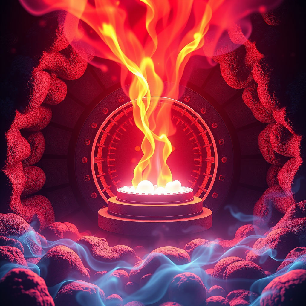 Visualize a stylized graphic representation of a metabolism boosting furnace, fueled by healthy foods and exercise. Use vibrant colors and dynamic visual effects to convey the process of metabolic activation. Technical specs: 4k, high quality rendering, focus on energetic visual effects.