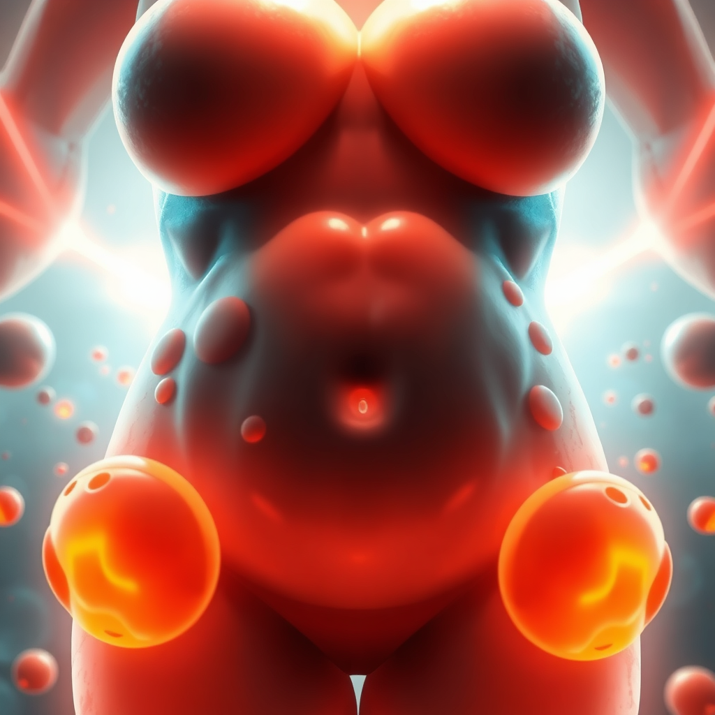 Visualize a stylized graphic representation of fat cells shrinking and disappearing during the 21-day shred. Use dynamic lighting and abstract shapes to convey the process of fat burning. Colors should be vibrant and energetic. Technical specs: 4k, high-quality rendering, stylized visual effects.