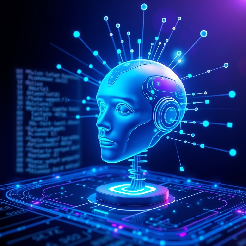 Visualize an AI generating lines of code that turn into fully-fledged SaaS product features. Display the AI as a holographic assistant, radiating creativity. The color palette emphasizes blues and purples for innovation. Focus: speed and efficiency. Technical Specs: 4k, stylized.