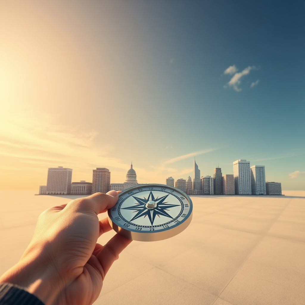 Create a photorealistic image of a compass pointing towards a horizon filled with diverse buildings, each representing a different lending option. The sky should be bright and optimistic, suggesting possibilities. The foreground features a person holding the compass. Render in 4k.