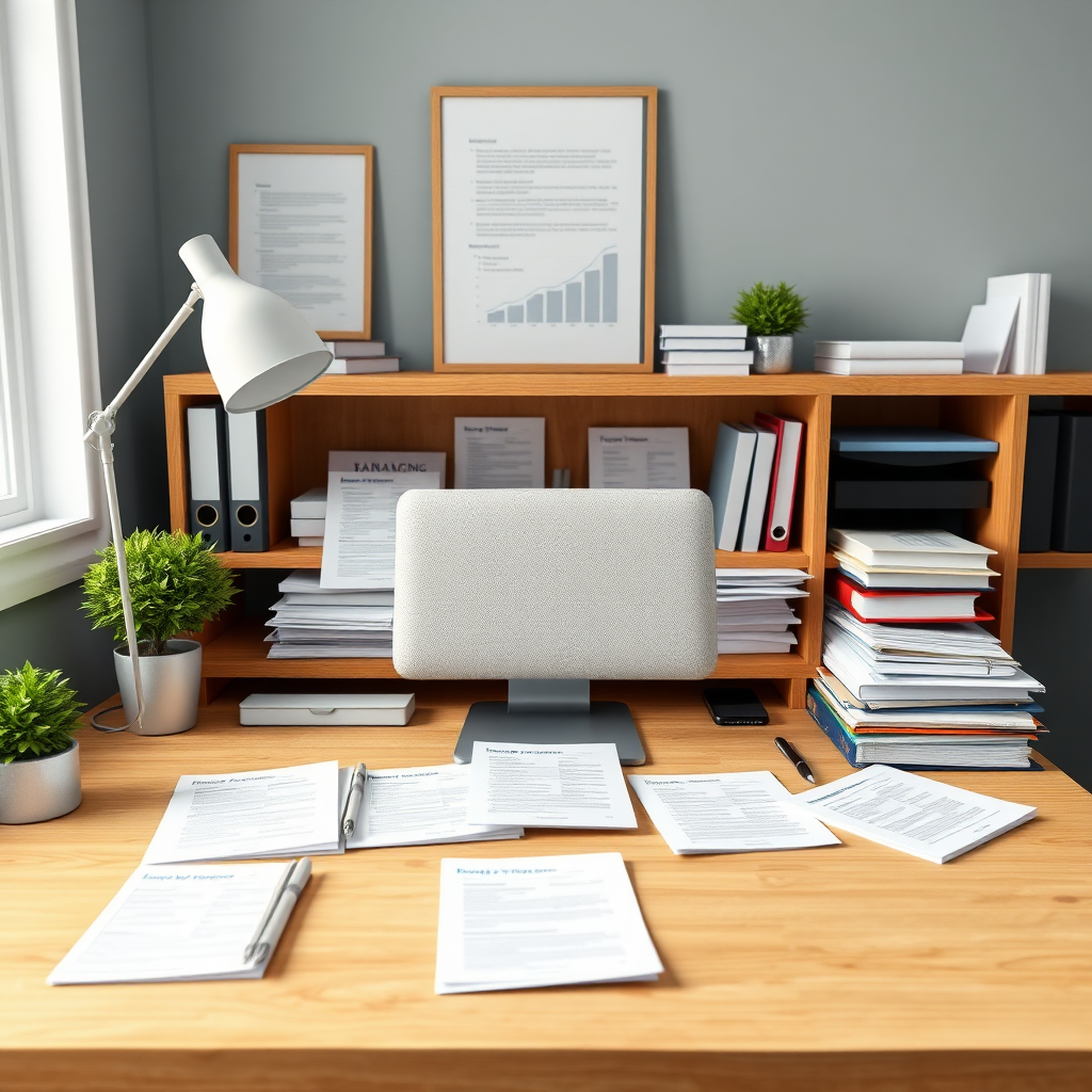Create a photorealistic image of a neatly organized desk with minimal paperwork, representing the simplified lending process. Use a clean, minimalist style. Render in 4k.