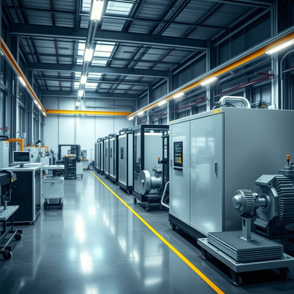 Create a photorealistic image of state-of-the-art equipment in a modern factory setting, representing the benefits of equipment leasing. Use dynamic angles and industrial lighting. Render in 4k.