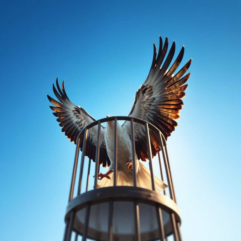 Create a photorealistic image of a bird soaring freely through a clear blue sky, escaping a cage that represents traditional banking constraints. Use a wide-angle lens to emphasize the freedom. Render in 4k.