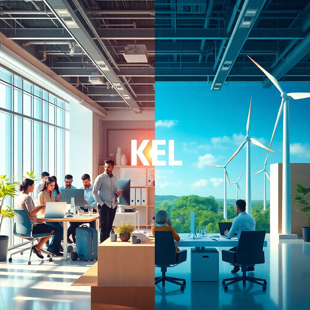 Create a photorealistic image representing KEL Energy TX's mission. The image should feature a split composition. On one side, show a vibrant, thriving business environment, with people collaborating and working efficiently. On the other side, display a visual representation of energy savings, such as a graph trending downwards or a wind turbine subtly integrated into the background. The lighting should be bright and optimistic, with a color palette of blues, greens, and yellows. The camera angle should be slightly elevated to showcase the overall scene. Texture details should include modern office equipment and sustainable energy elements. The overall style should be professional and trustworthy. 4K resolution, high quality.