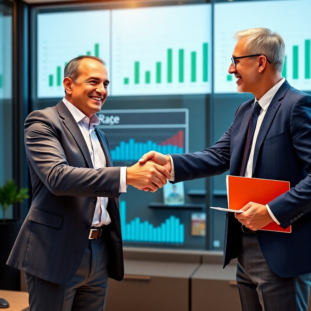 Create a photorealistic image of a businessman confidently shaking hands with an energy provider representative. The setting is a modern office with graphs and charts displayed in the background, showcasing successful rate negotiations. The lighting is warm and inviting, emphasizing trust and partnership. The color palette is professional, with blues and grays dominating, and hints of green to symbolize savings.
