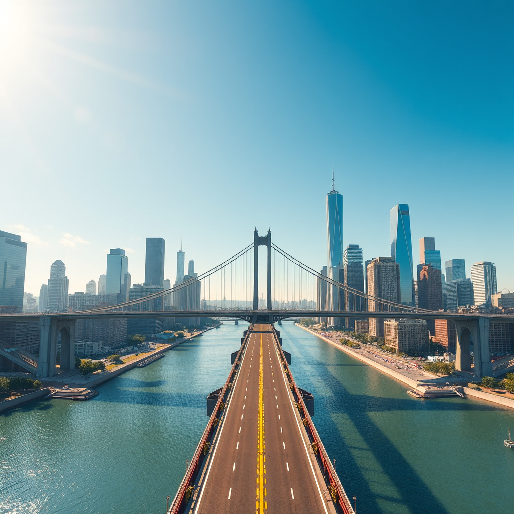 Create a photorealistic image of a bridge spanning a gap between two thriving cityscapes, representing the bridging of financial gaps. Use warm lighting and a sense of forward movement. Render in 4k.