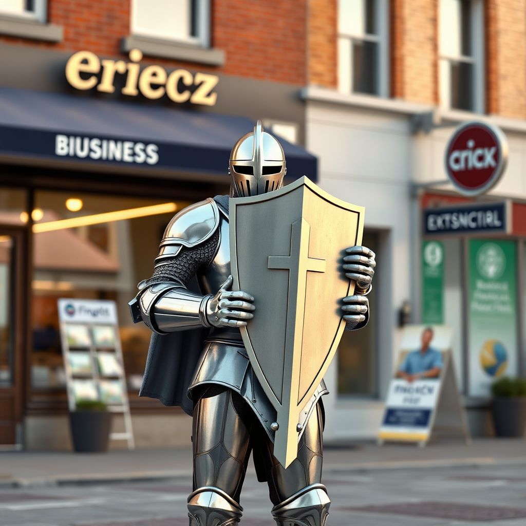 Create a photorealistic image of a knight in shining armor, representing Eric Lacz Financial, standing protectively in front of a business, shielding it from financial obstacles. Render in 4k.