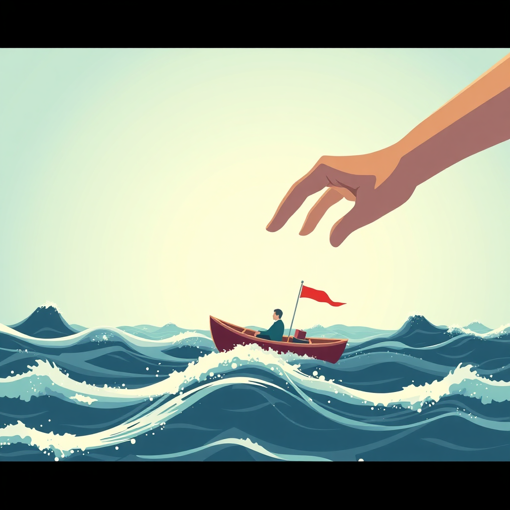 Create a stylized image of a guiding hand leading a small boat through a turbulent sea, symbolizing the complexities of lending. The guiding hand should be bright and reassuring. Render in 4k.