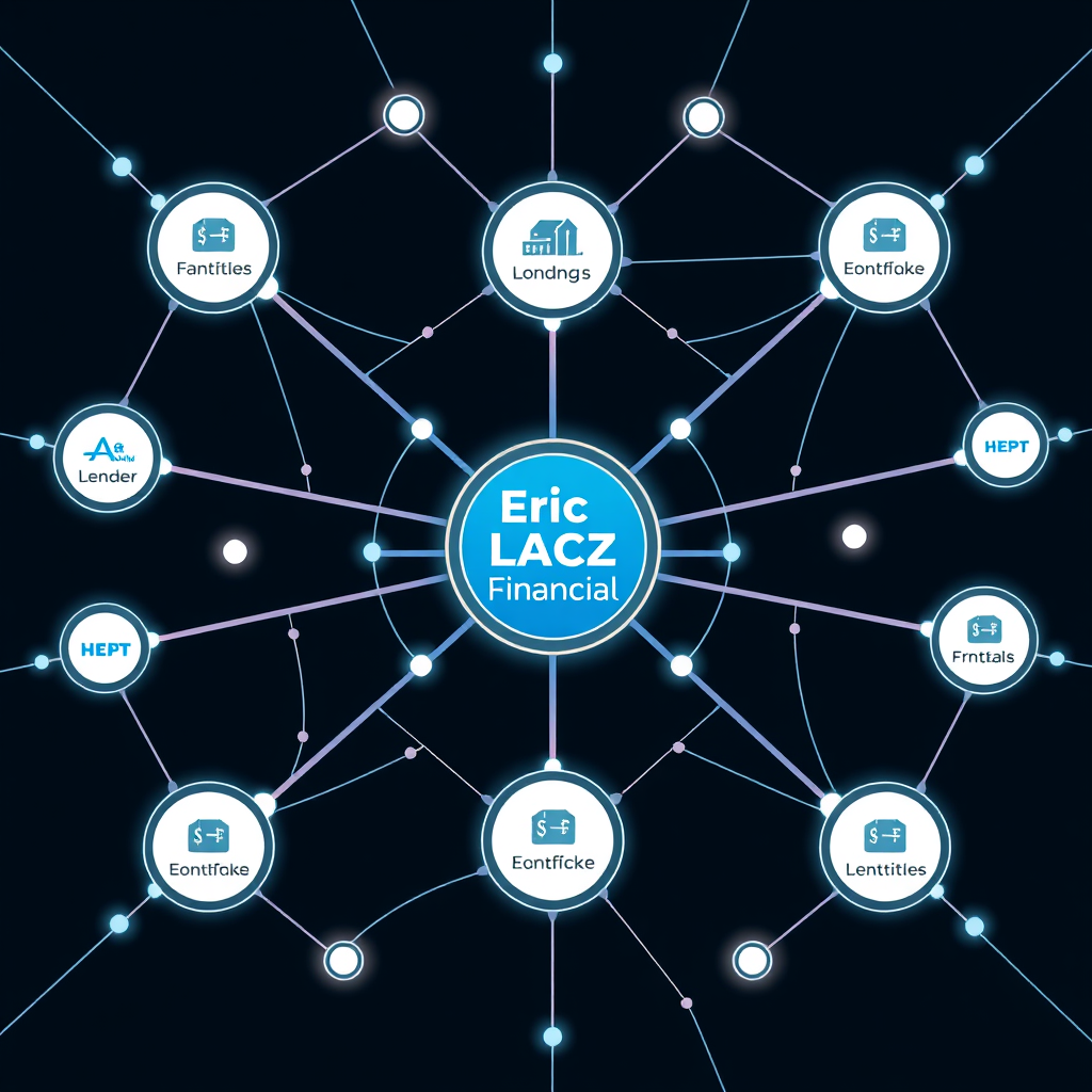 Create a stylized image of a interconnected network of nodes, each representing a different lender, all connected to a central hub representing Eric Lacz Financial. Use a futuristic design. Render in 4k.