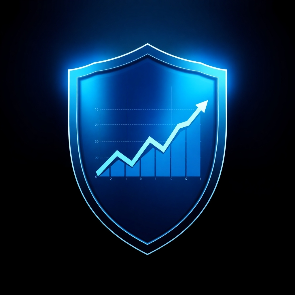 Create a stylized image of a shield protecting a graph representing energy prices. The shield should be modern and technologically advanced, symbolizing risk mitigation. The lighting is dramatic and protective, emphasizing security and stability. The color palette is strong and trustworthy, with blues and silvers dominating.