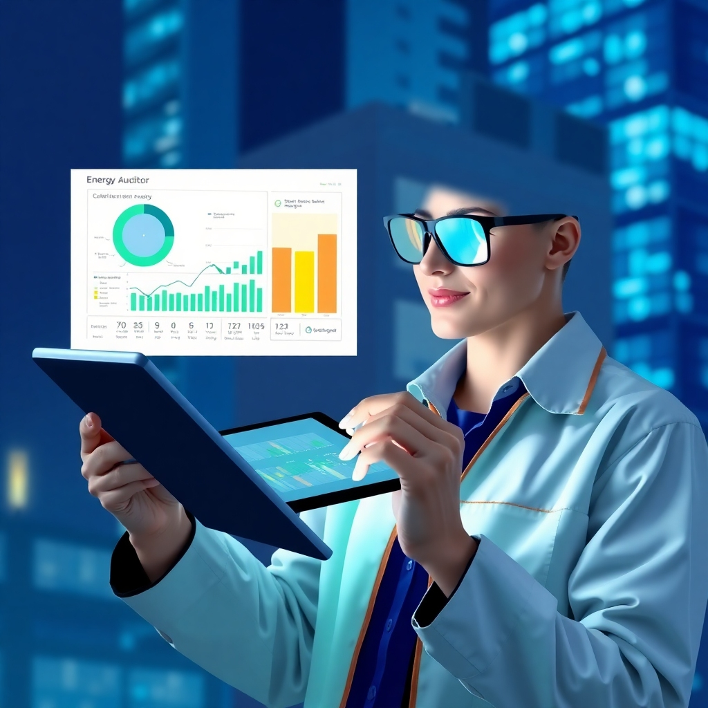 Create a stylized image of an energy auditor using a tablet to analyze a building's energy usage, highlighting areas of inefficiency. The lighting should be informative and analytical, emphasizing data analysis and energy optimization. The color palette should be cool and professional, with blues and greens dominating.