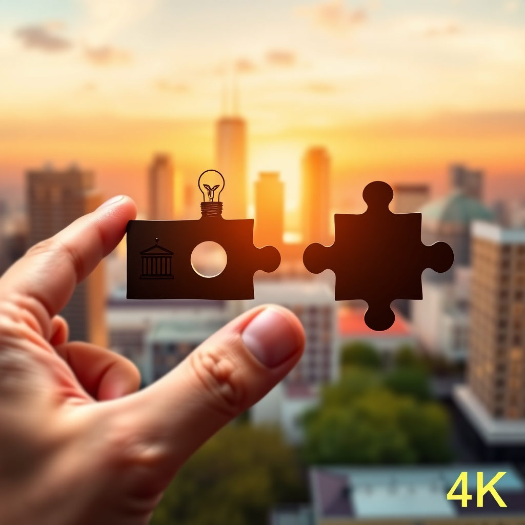 Create an image depicting a hand carefully placing puzzle pieces, each representing a different financial solution, into a larger picture of a thriving business. Use warm colors and a clean, professional style. Render in 4k.