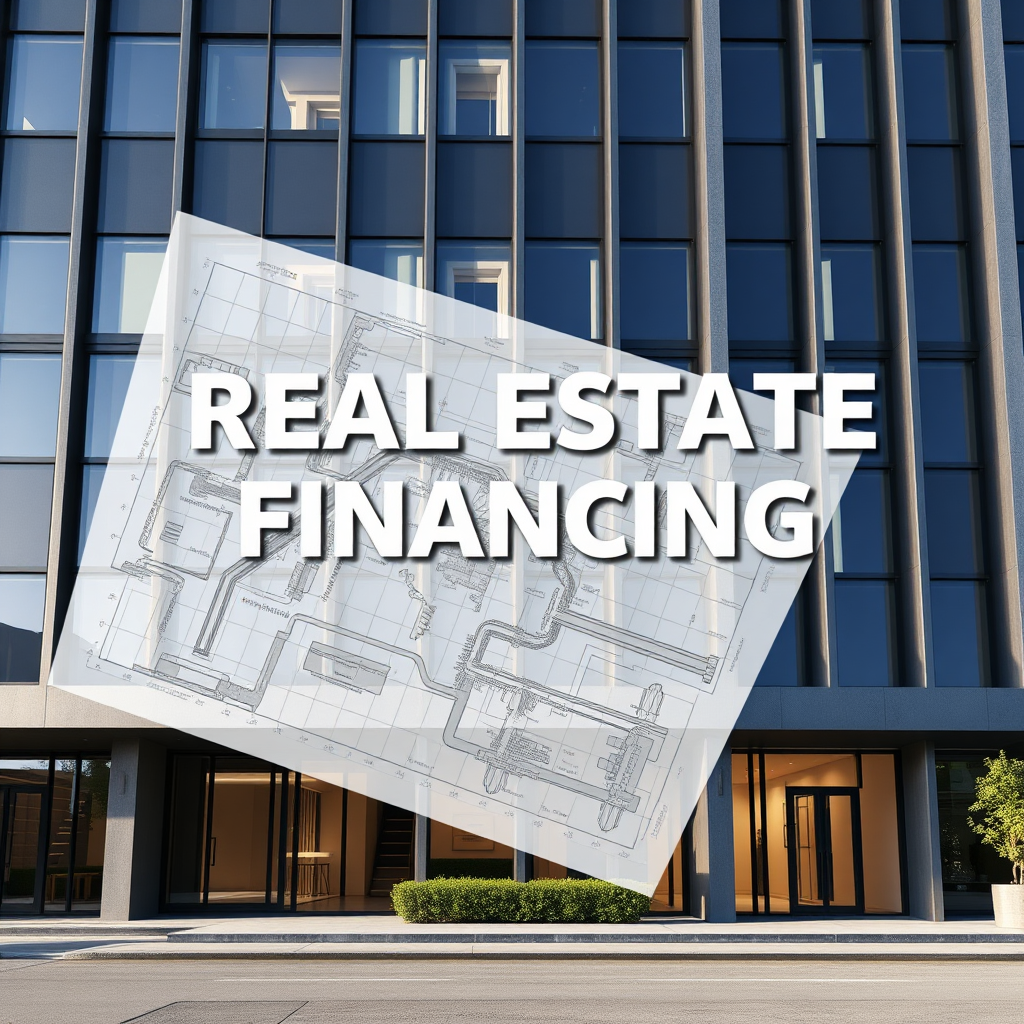 Create an image of blueprints overlaid on a modern building facade, symbolizing real estate financing. Use a blend of technical and artistic elements. Render in 4k.