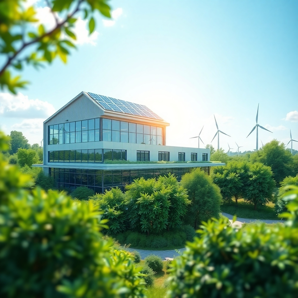Visualize a commercial building surrounded by lush greenery, with solar panels on the roof and wind turbines in the distance. The lighting is natural and vibrant, emphasizing environmental responsibility. The color palette is predominantly green and blue, representing sustainability and renewable energy.