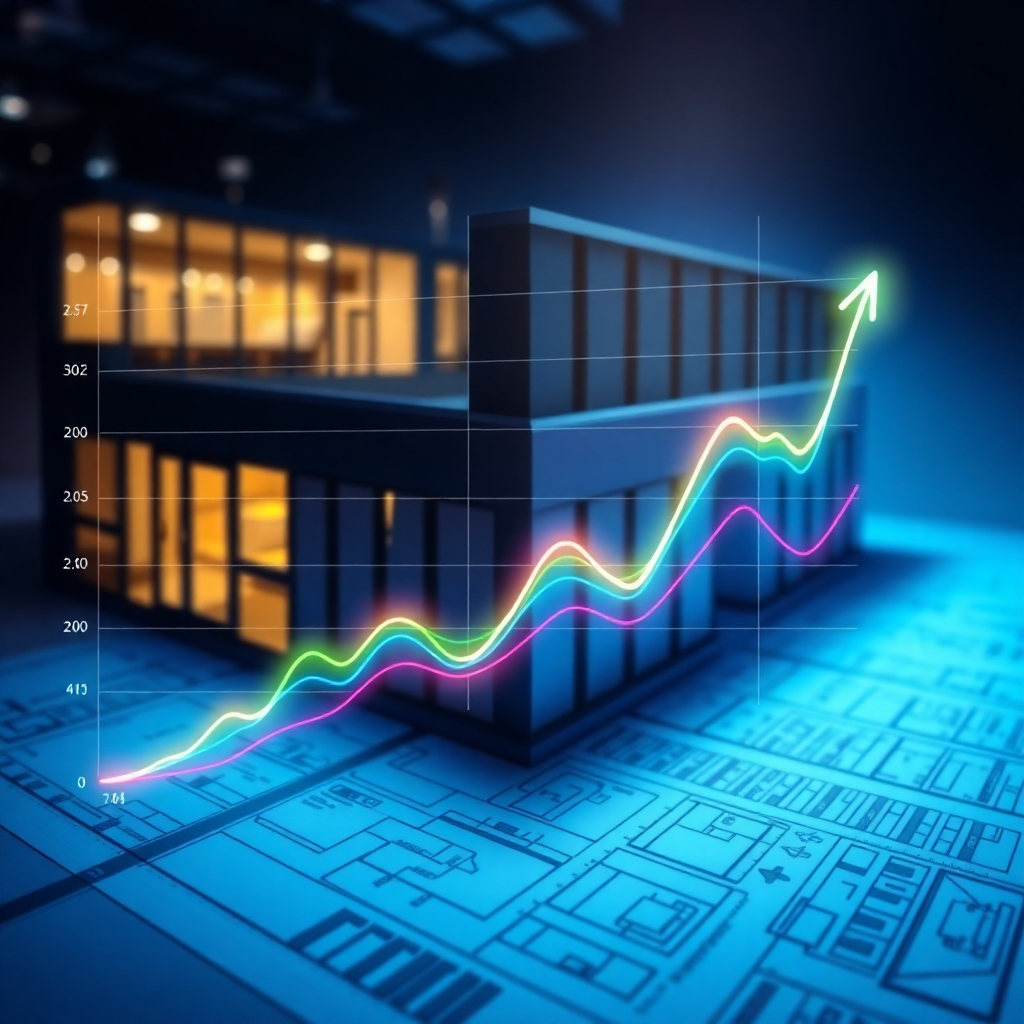Visualize a dynamic graph with multiple lines representing different energy plans. The graph should be overlaid on a blueprint of a commercial building, suggesting customization and precision. The lighting is focused, highlighting key data points on the graph. The color palette is vibrant and informative, with different colors representing different energy options.